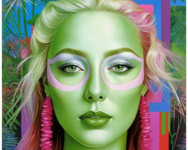 Vibrant portrait of a woman with green skin and bold makeup