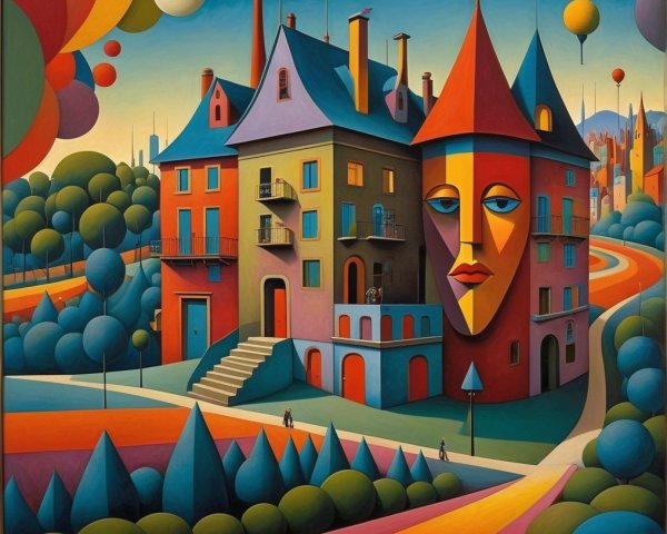 Surreal Landscape with Whimsical Geometric Houses