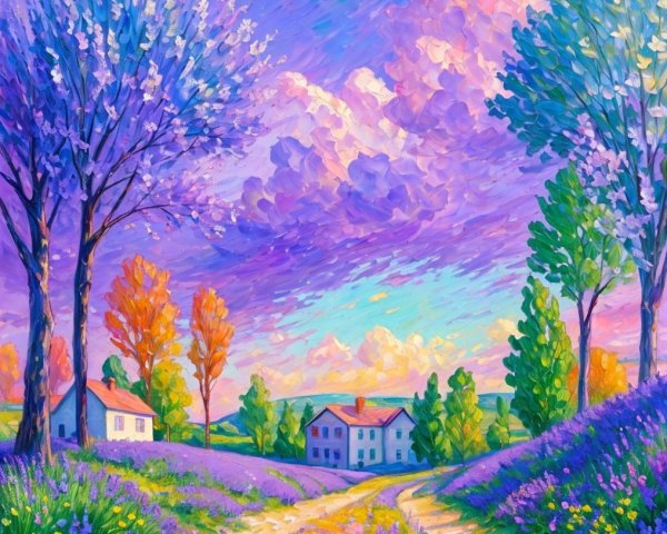Vibrant Landscape with Lavender Fields and Blossoming Trees