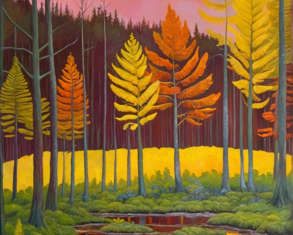 Vibrant Landscape with Colorful Trees and Twilight Sky