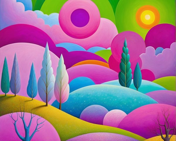 Surreal Landscape with Colorful Hills and Trees