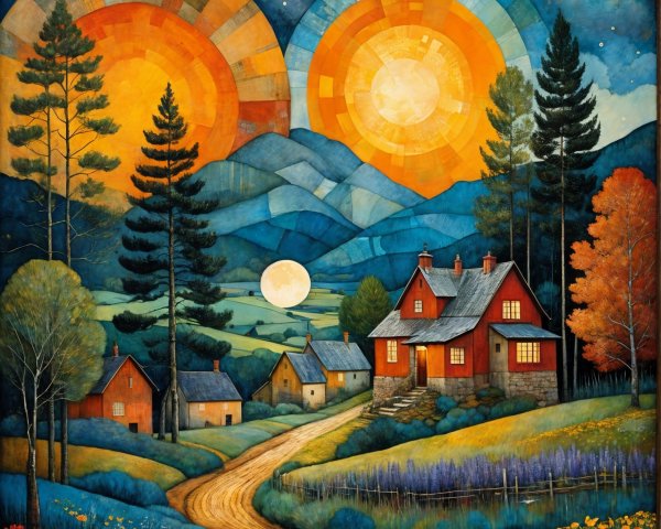 Vibrant landscape with two suns and charming village scene