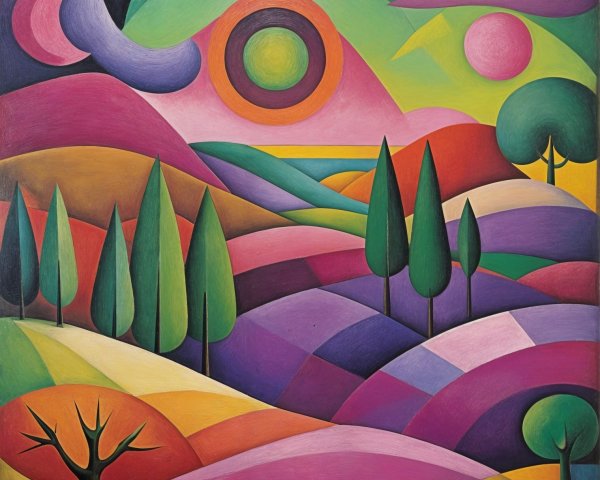 Vibrant Abstract Landscape with Swirling Colors and Shapes