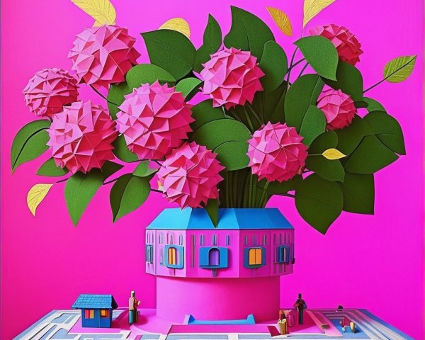 Three-Dimensional Paper Art with Pink Hydrangea Bouquet