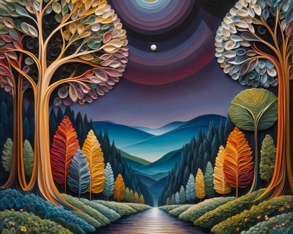 Vibrant Autumn Landscape with Cosmic Night Sky