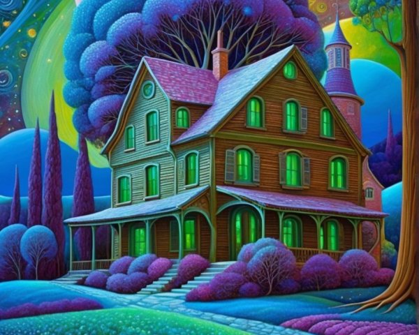 Whimsical Colorful House Under Vibrant Galaxy Sky