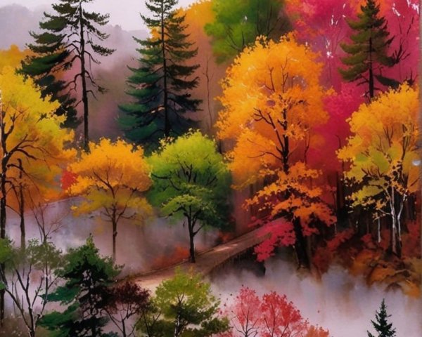 Autumn Landscape with Vibrant Foliage and Fog