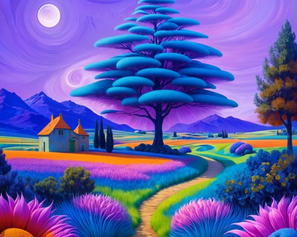 Surreal Landscape with Colorful Tree and Flowers