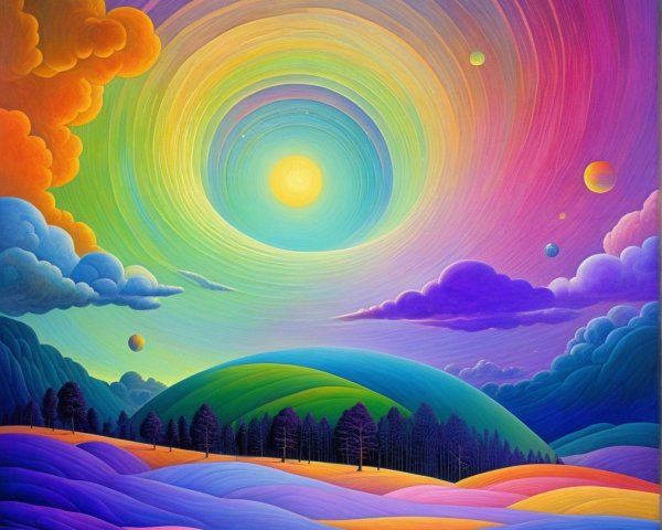 Surreal Landscape with Colorful Hills and Sky