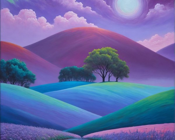 Fantastical Landscape with Rolling Hills and Twilight Sky