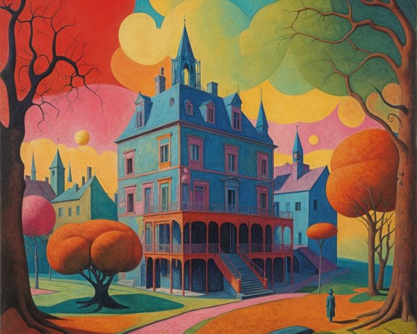Surreal Landscape with Whimsical Mansion and Colors