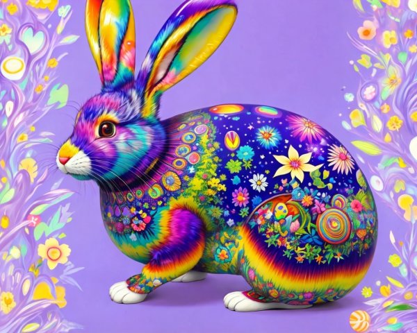 Vibrant Multicolored Rabbit with Floral Patterns