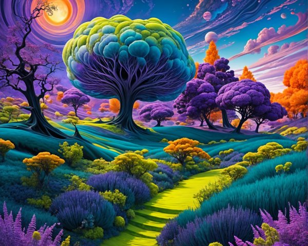 Surreal Landscape with Luminous Path and Colorful Foliage