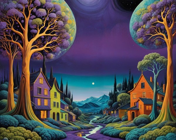 Surreal Landscape with Colorful Houses and Celestial Bodies