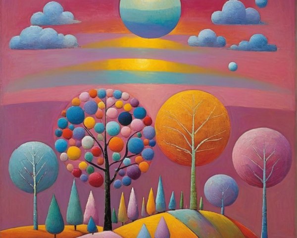 Vibrant landscape with whimsical trees and colorful sky