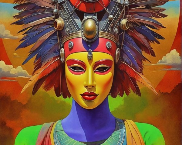 Vibrant Portrait of a Woman with Feather Headdress