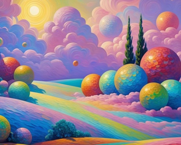 Vibrant Pastel Landscape with Floating Spheres and Sun