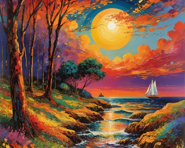 Vibrant Sunset Over Serene Seascape with Sailboat