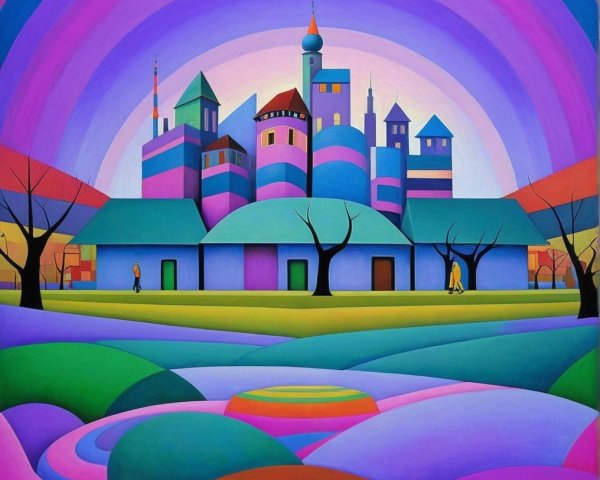 Vibrant Abstract Landscape with Whimsical Cityscape