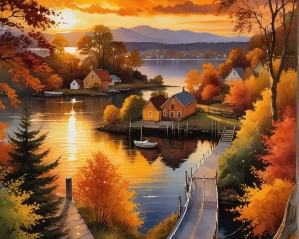 Autumn Landscape with Winding Road and Tranquil Lake