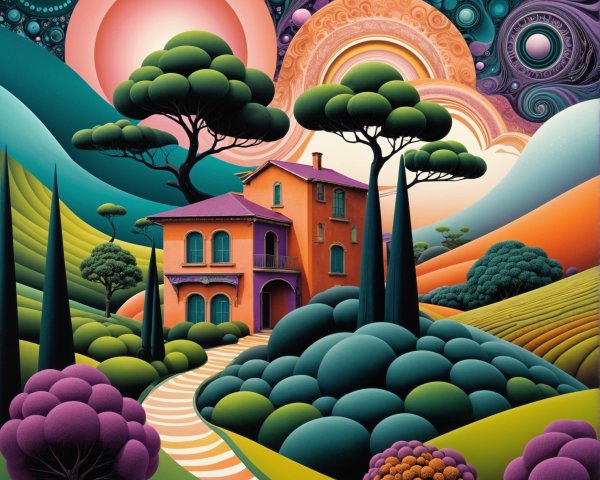 Surreal Landscape with Whimsical House and Colorful Sky