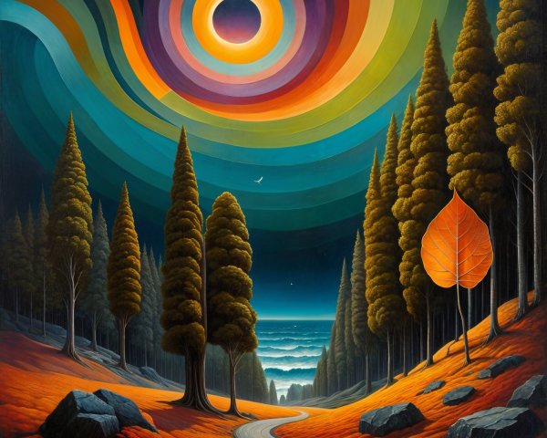 Vibrant Landscape with Winding Path and Solar Eclipse