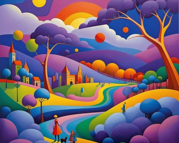 Vibrant Abstract Landscape with Figures and Castles
