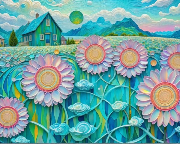 Whimsical Landscape with Blue House and Pastel Flowers