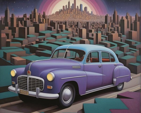 Vintage Purple Car with Abstract Cityscape Background