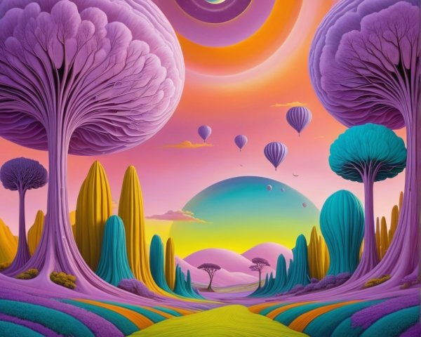 Surreal Landscape with Fantastical Trees and Balloons