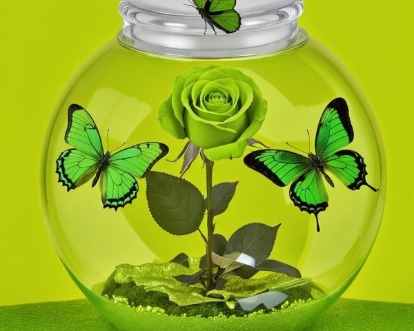Vibrant Glass Jar with Green Rose and Butterflies