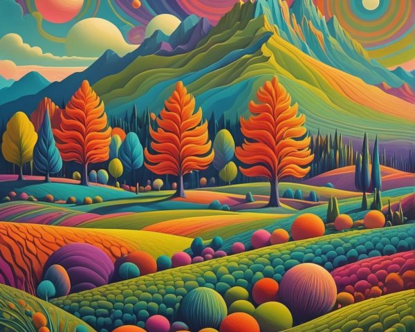 Vibrant Landscape with Rolling Hills and Mountains