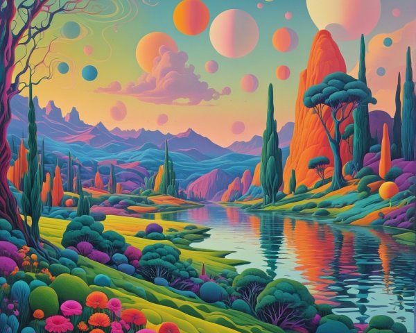 Surreal Landscape with Vibrant Planets and Flora