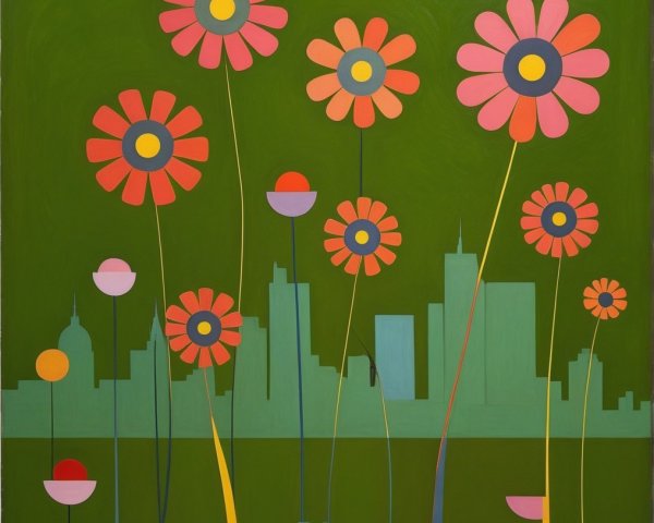 Vibrant Painting of Colorful Flowers and City Skyline