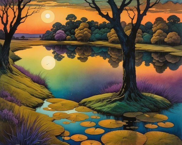 Tranquil Lake at Sunset with Silhouetted Trees