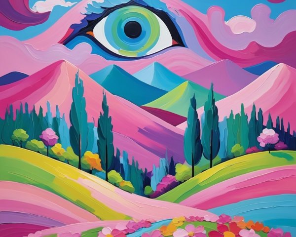 Vibrant Oil Painting of Colorful Landscape with Eye