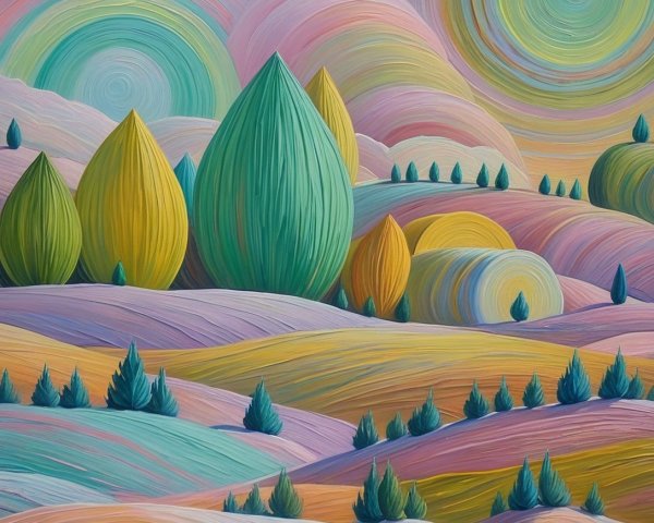 Vibrant Landscape with Stylized Trees and Pastel Hills