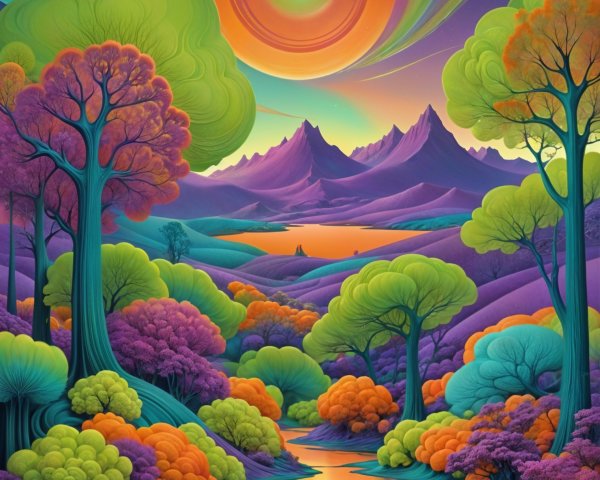 Surreal Landscape with Colorful Trees and Sunset