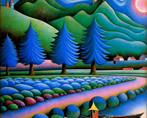 Vibrant landscape with hills, trees, and river scene