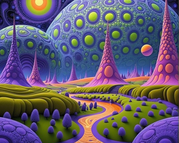 Vibrant Alien Landscape with Spires and Rolling Hills