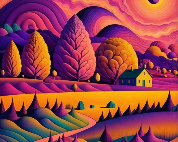 Vibrant Landscape with Colorful Hills and Trees