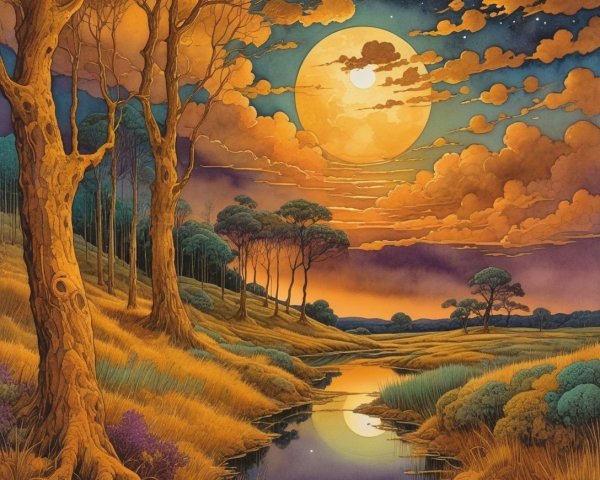 Serene Landscape with Trees and Orange Moonlight