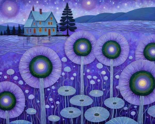 Whimsical Landscape with Blue House and Starry Sky