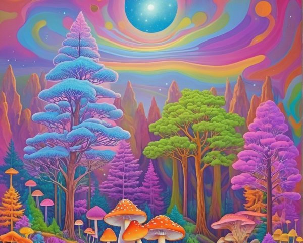 Surreal Landscape with Colorful Trees and Moon