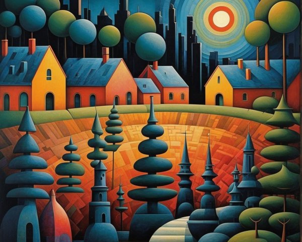 Vibrant Landscape with Colorful Houses and Urban Skyline