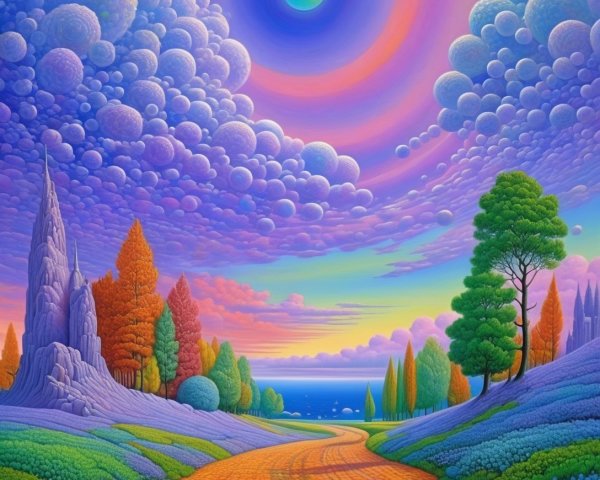 Vibrant Landscape with Colorful Hills and Serene Water