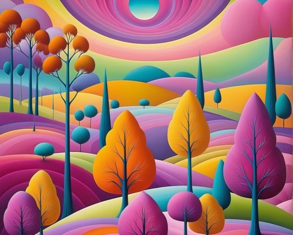 Vibrant Abstract Landscape with Stylized Trees and Hills