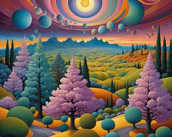 Surreal Landscape with Colorful Trees and Cosmic Sky
