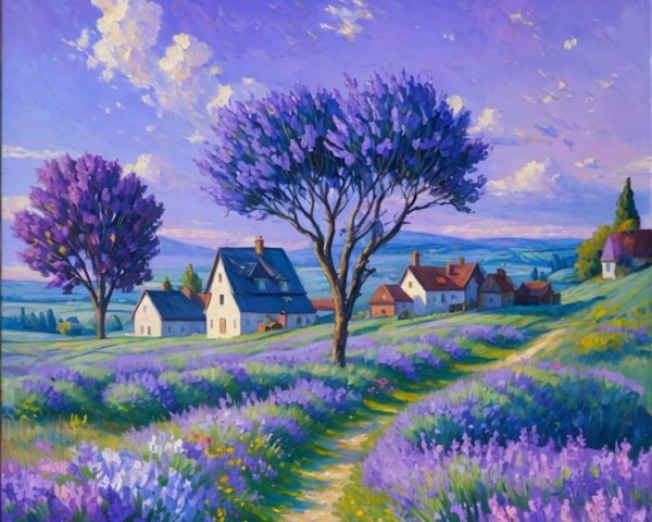 Vibrant Lavender Fields and Idyllic Cottages Landscape