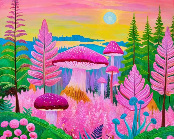 Whimsical Landscape with Colorful Mushrooms and Ferns
